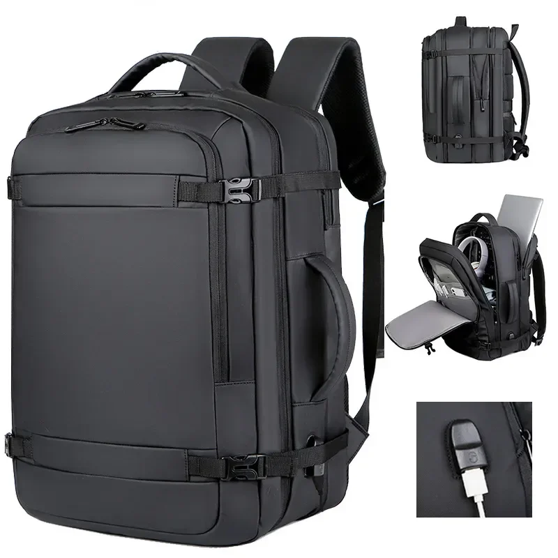 Mochila de viaje ampliable con carga USB para hombre, bolsa de mano de 17 pulgadas para ordenador portátil, impermeable, gran capacidad, 45L