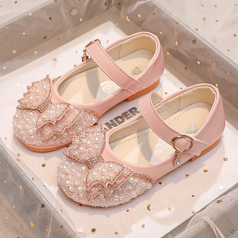 Girl\'s Leather Shoes Bow Shiny Rhinestone Pearl Princess Shoes Spring Autumn Fashion Sequin Children\'s Flat Single Shoes H538