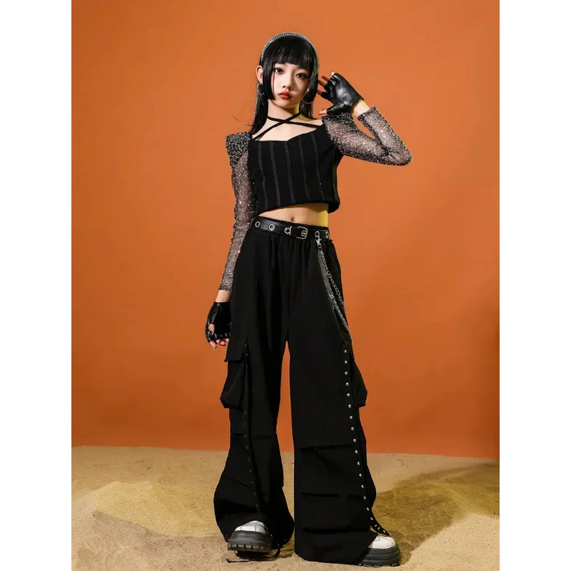 Kpop الأسود ملابس رقص الجاز الفتيات لامعة Crp قمم السراويل الهيب هوب المنافسة زي الاطفال أزياء مرحلة الأداء البدلة