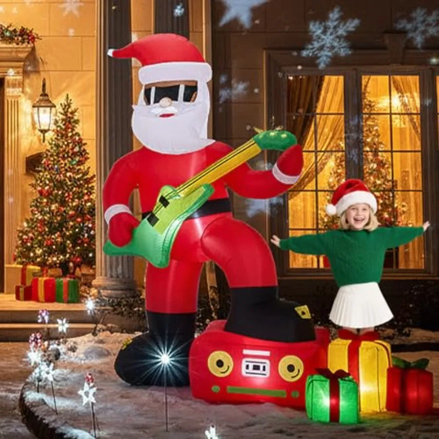 Outdoor Christmas Inflatable Decor: 7.5 Feet Black Santa Guitar Player, PVC Material, Black Color, LED Light-Up Feature for Yar
