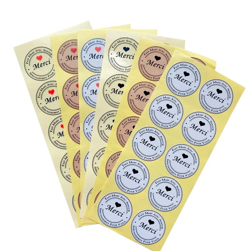 100pcs Spanish Sealing Stickers MERCI FAIT MAIN AVEC AMOUR Round Scrapbook DIY Round Transparent Decoration Baking Wedding