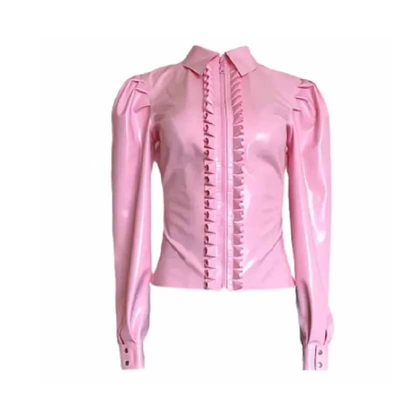 Camisa brillante de PVC plisada de ondulación Sexy para mujer, Top elegante y a la moda para oficina, manga larga, cuello inferior con cremallera