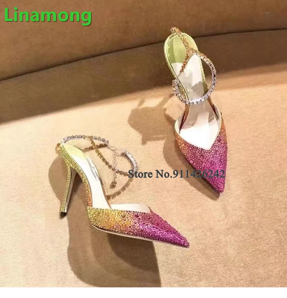 

Crystal Luxury Design Ankle Strap Pumps For Female Women Pointed Toe Slingback Thin High Heel Elegant Party Fashion Girl's Shoes