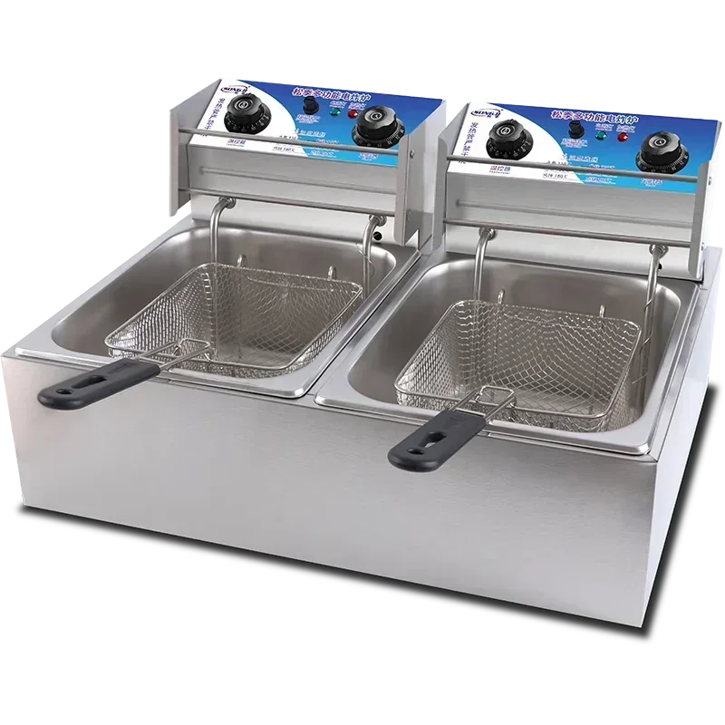 new  electric fryer with large capacity and double cylinder. Used for making French fries and as snack equipment.Commercial