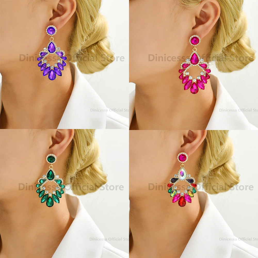 Luxury Design Chandelier Large Dangle Drop Earrings For Women Trendy Charm Vintage Glass Crystal Pageant Pendant Bridal Jewelry