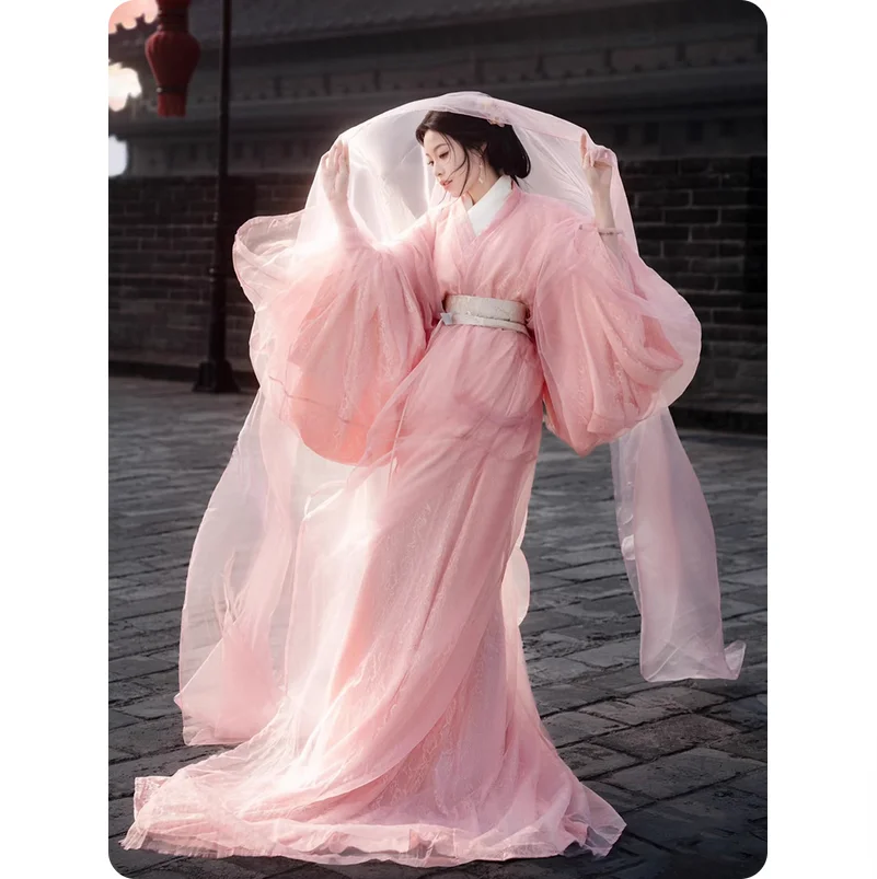 

Spring and Summer Hanfu Pink Warring States Robe Restoration Sweet Lace Daily Immortal Charm Large Volume Straight Train