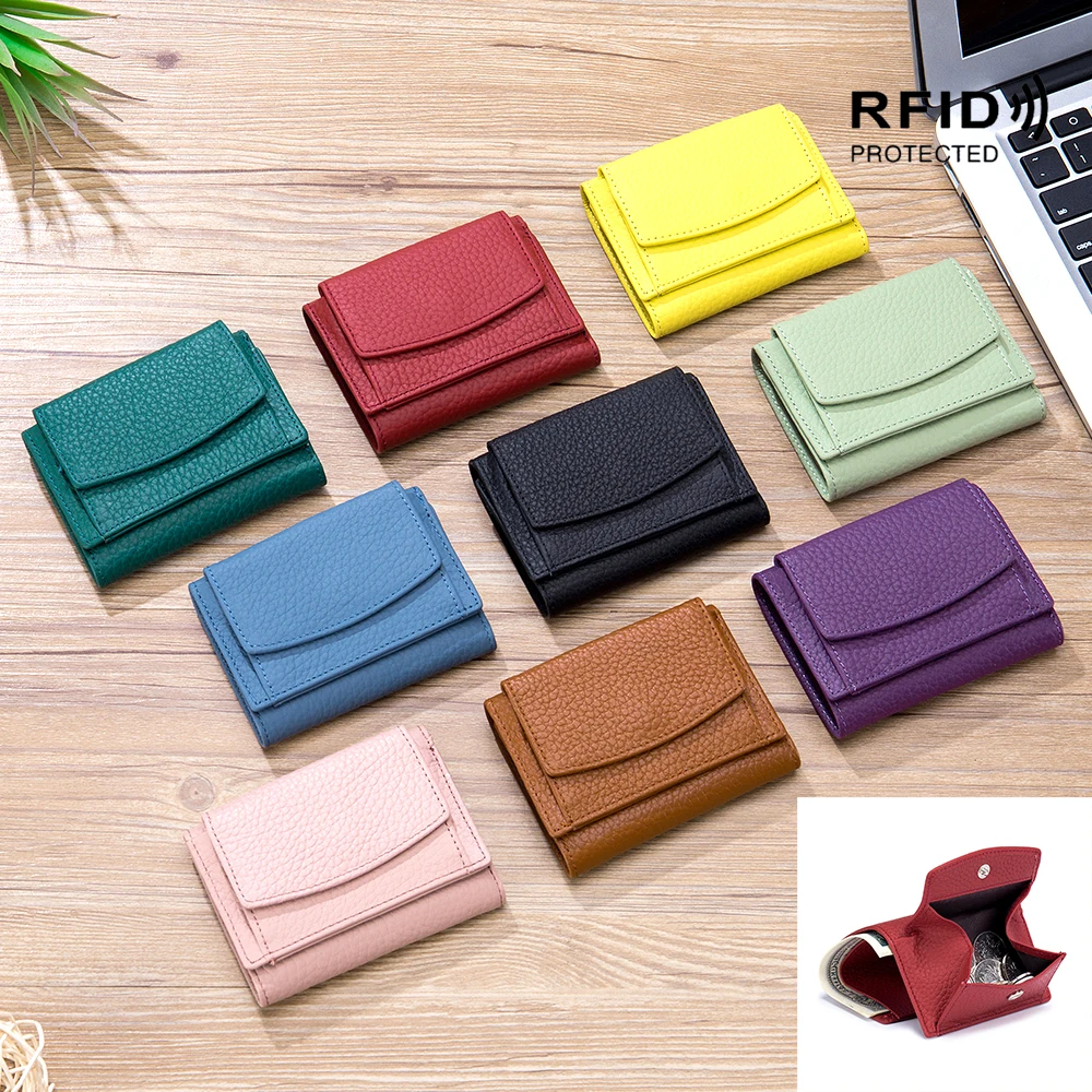 Genuine Leather Purses Small Size Wallets For Women Card Holders With Coin Wallet Slim Money Bag Green Blue Purple Red Pink Grey