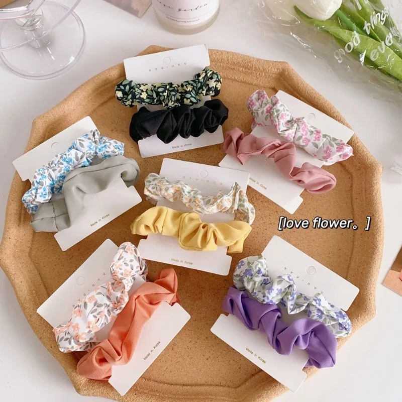 2pcs/Set Sweet Floral Scrunchie Vintage Elastic Flower Pattern Hair Loops Women Girls Spring Summer Ponytail Holder Rubber Band