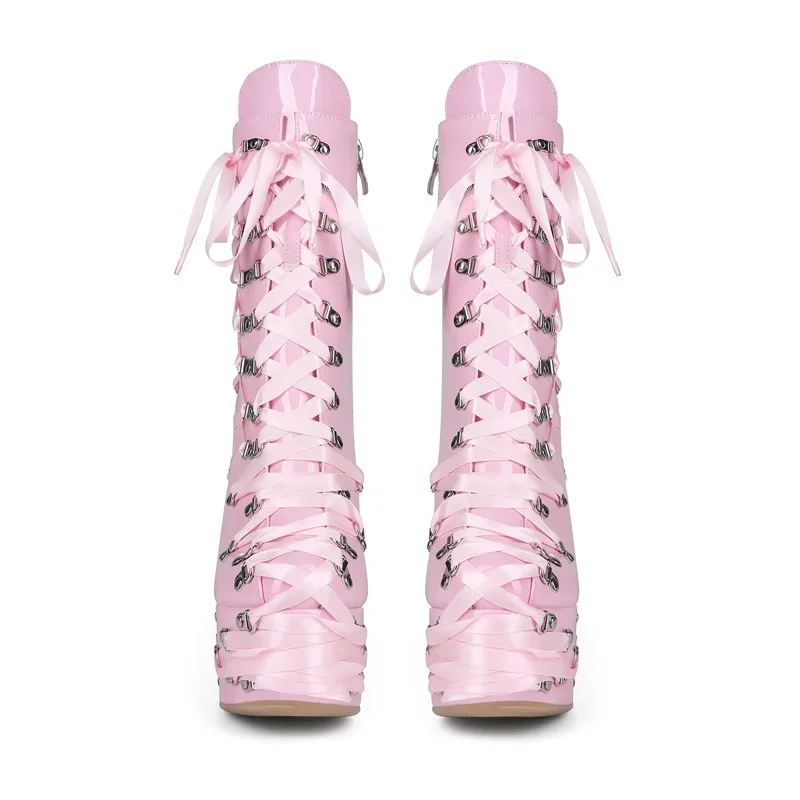 Metal Rivet Corss Tied Platform Ankle Boots Sexy Pointed Toe Square Heel Zipper New Arrivas Fashon Women Runway Boots