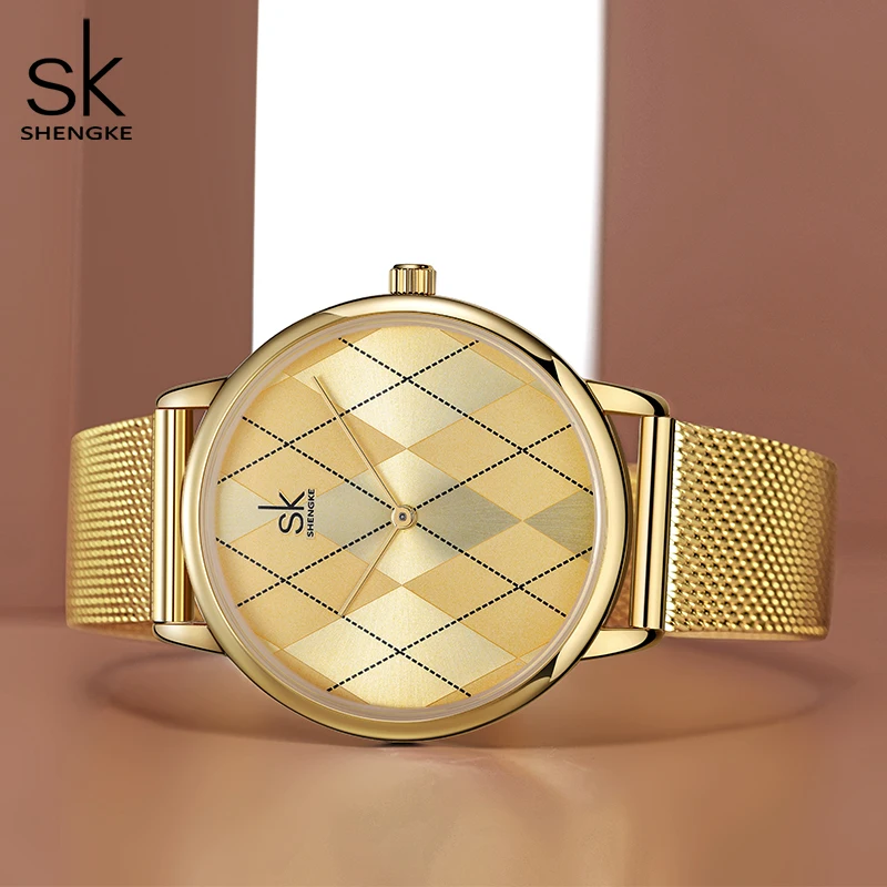 SHENGKE Original Design Womens Watches Fashion Golden Stainless Woman\'s Quartz Wristwatches Ladies Gifts Clock Relogio Feminino