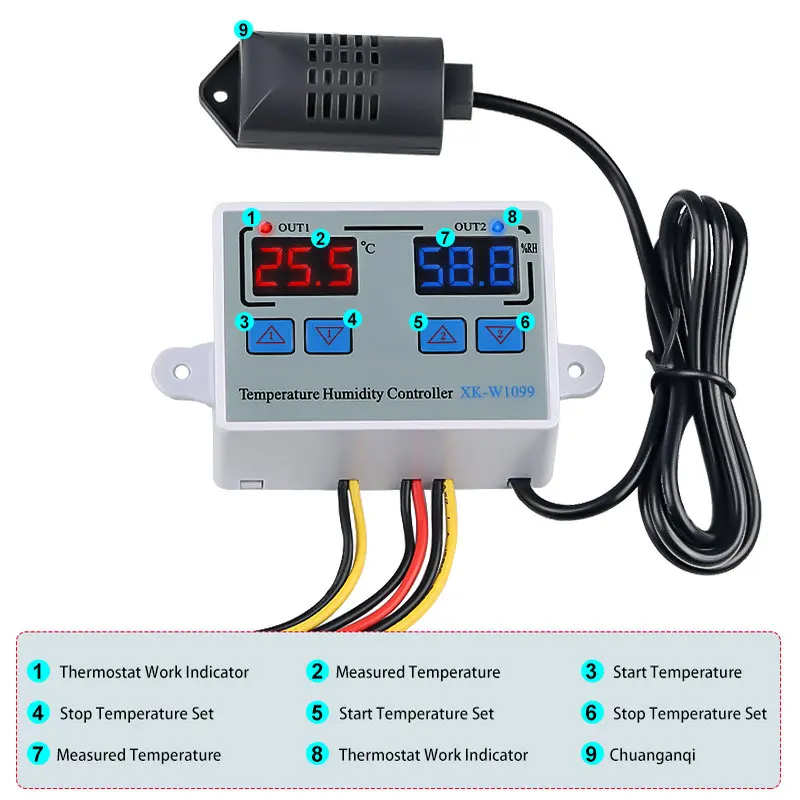 Imagem -03 - Digital Led Temperatura Umidade Controlador 12v 24 110v 220 Termômetro Higrômetro Medidor Sensor Termostato Incubadora de Ovos W1099