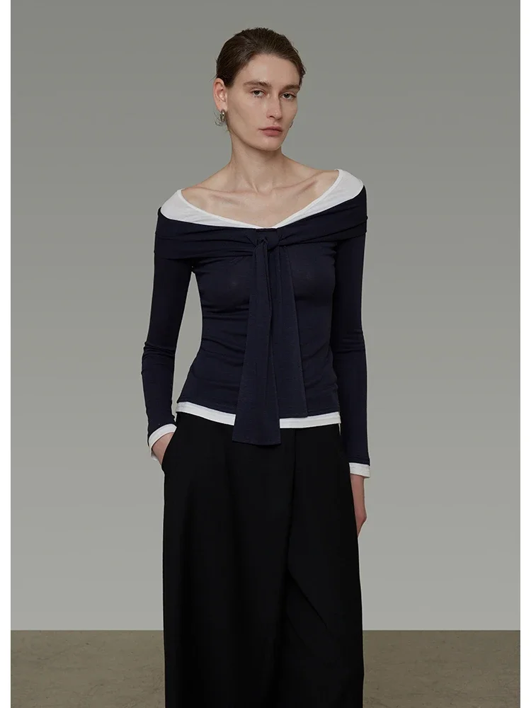 Fake Two-Piece Long Sleeve Top And Blouse Woman Tie Slash Neck Royal Blue Knitwear Preppy Knitted Top 2025 Fall Clothes