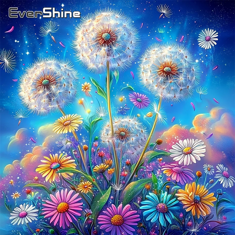 EverShine Diamant-Mosaik Blumenbild Vollflächiges Quadratisches Gemälde Gänseblümchen-Strass-Stickerei Löwenzahn Heimdekoration