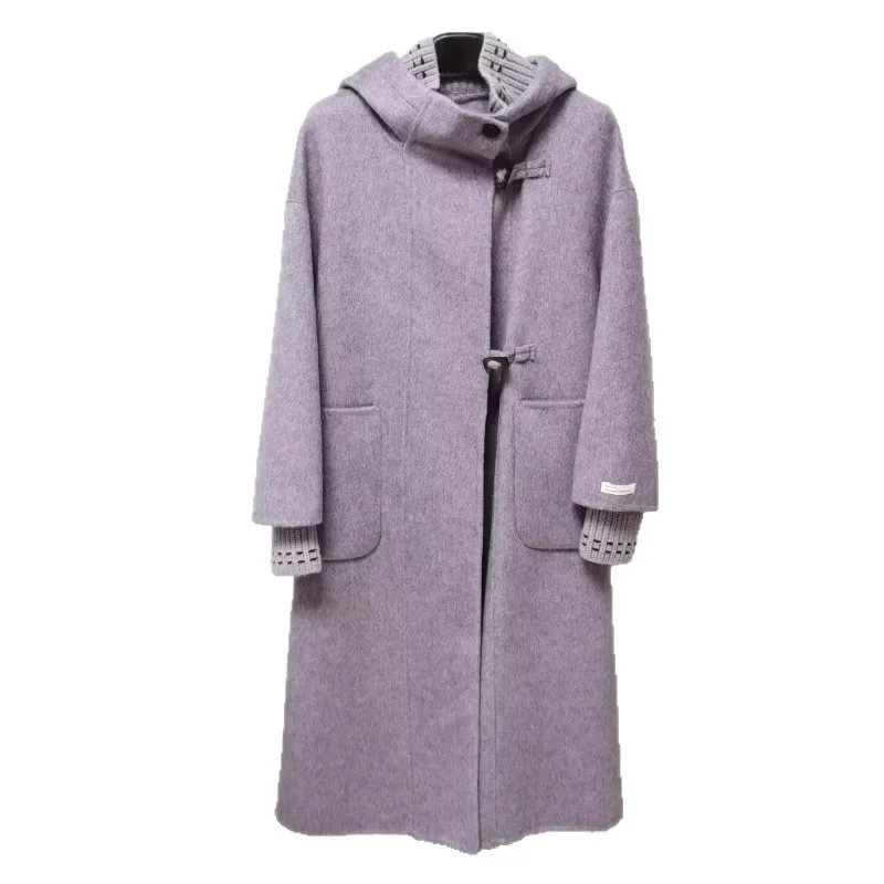 2026 Fashion Double-sided Wool Coat Women's Long Woolen Overcoat Autumn Winter Hooded Horn Button Loose Korean Casual Outerwear