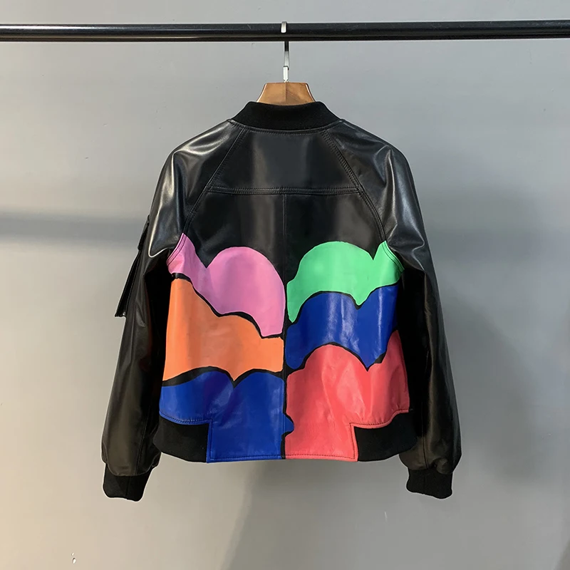 Women's Leather Baseball Jacket, Short Thread Stand Collar, Sheepskin Jacket, Colored Graffiti Leather Jacket, Spring and Autumn