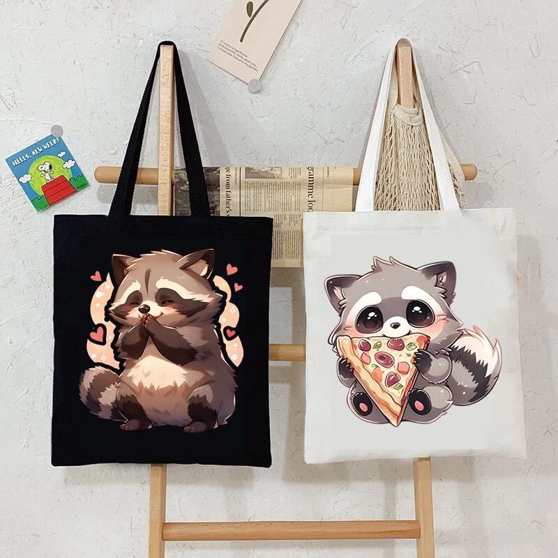 

Cartoon Raccoon Printing Canvas Bag Women's Cute Animal Shoulder Tote Bag Large Capacity Shopping Bag Female Fashion Handbag