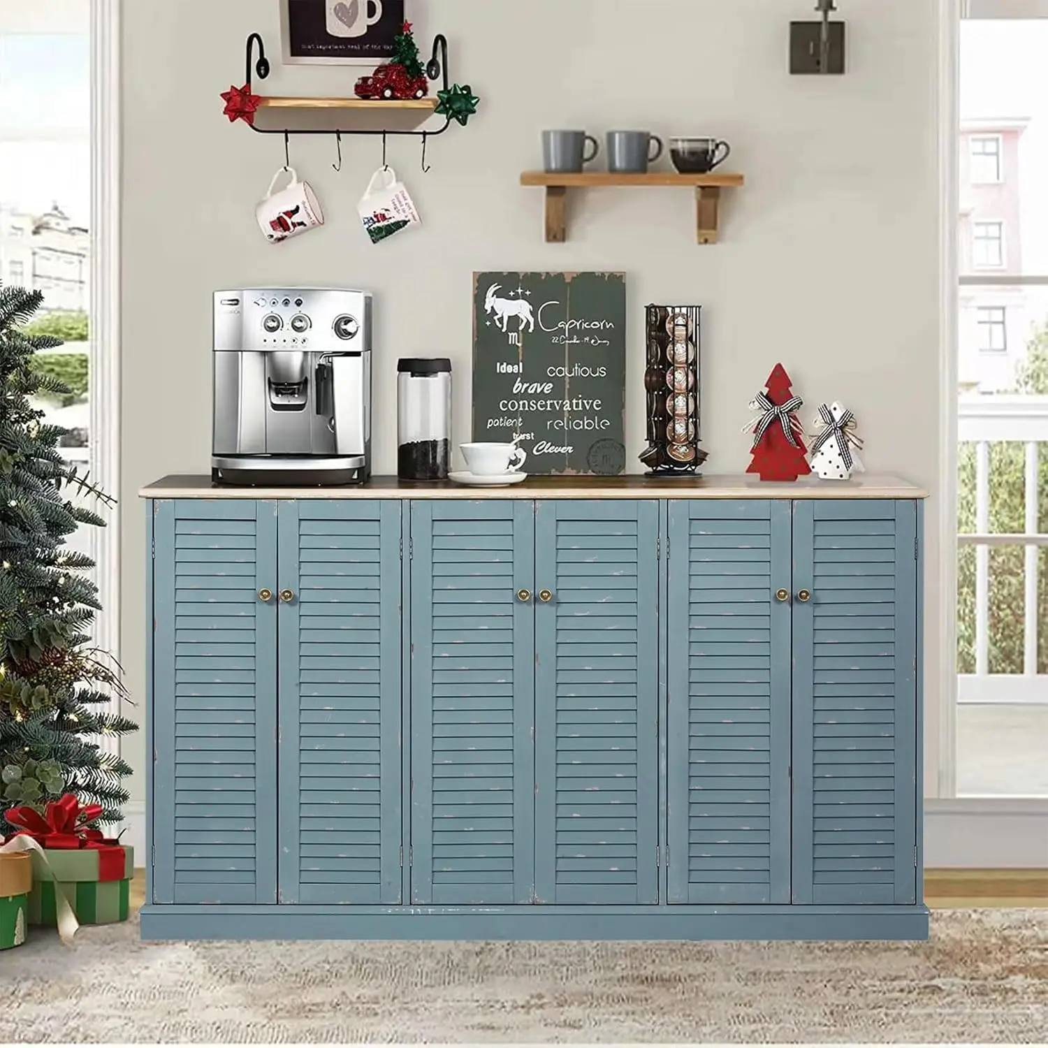 Farmhouse Storage Accent Cabinet Chest with 6 Shutter Door for Kitchen Entryway Hallway Living Room Teal Color