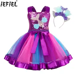 Kids Girls Halloween Cosplay Mermaid Princess Costume Carnival Birthday Party dress up Sleeveless Mesh Tulle Tutu with Hair Hoop