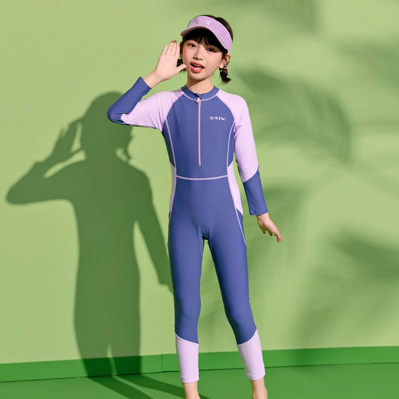 Girls Swimwear One Piece Long Sleeve Swimsuit Kids UV Protection Front Zipper Children Surfing Swimming Suit Summer Beachwear - view 4