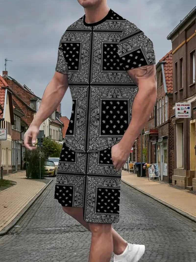 الرجال ثلاثية الأبعاد باندانا مطبوعة المتضخم تي شيرت والسراويل القصيرة مجموعة الصيف عادية الشارع الشهير الرياضة البدلة قصيرة الأكمام الزي 2 قطعة #1