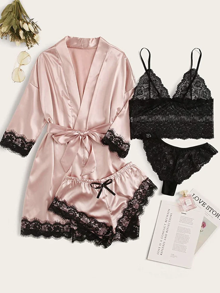 

2022 New 4 Piece Ladies Sexy Satin Pajama Set Lace Sexy Pajama Set Half Sleeve/Mid Sleeve Pajamas V-neck home pajamas Women