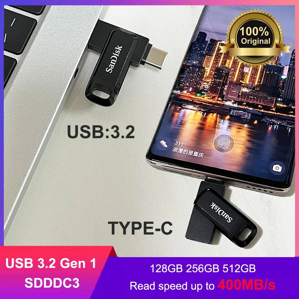 

SanDisk OTG Type-C USB 3.2 Gen 1 флэш-накопитель 64 ГБ 128 ГБ 256 ГБ 512 ГБ Ultra Dual Drive Go USB Type-C U Disk 300–400 МБ/с для ПК/Mac