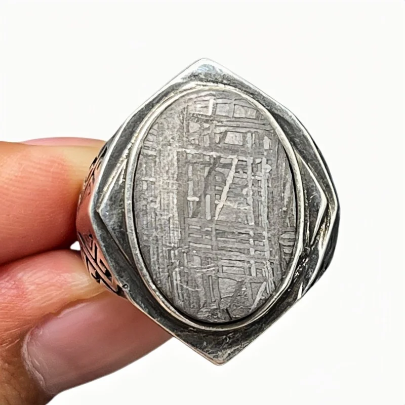 Gibeon Meteorite Statement Ring Adjustable Size Natural Etched Widmanstatten Pattern Inlaid Carved Metal Space Rock Jewelry K63
