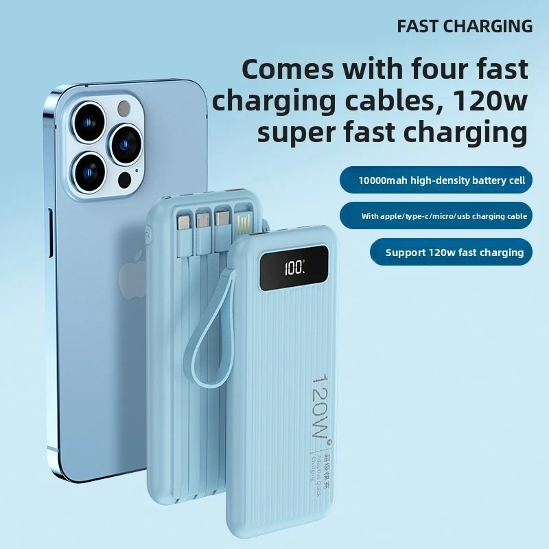 Powerbank 10000mAh 120W z wbudowanymi kablami, super szybkie ładowanie, do iPhone'a, Xiaomi, Huawei, Samsunga, lekki i cienki.