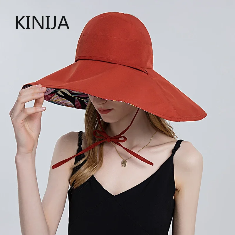 Summer wide large brim Sun Hat With Printing Adjustable Big Heads Beach Hat UV Protection Packable Sun Bandage Visor Hat