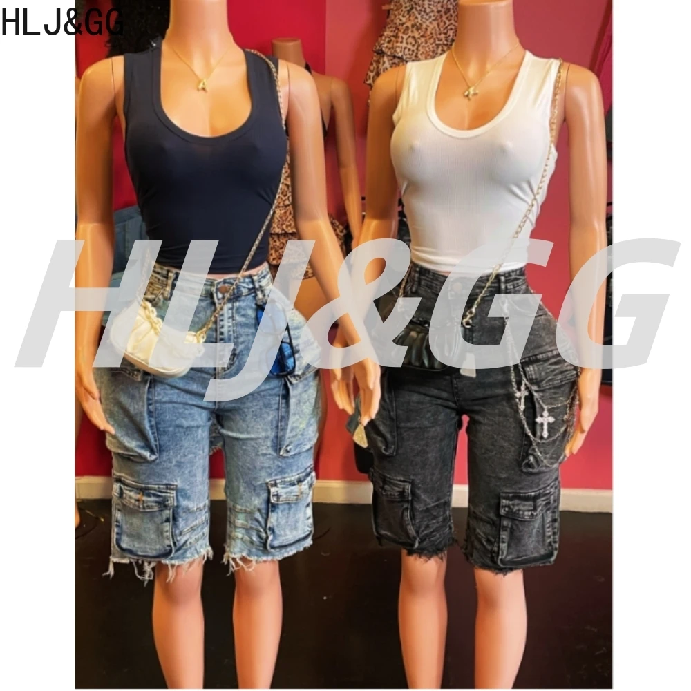 

HLJ&GG Fashion Pocket Cargo Shorts Two Piece Sets Women Sleeveless Slim Tank Top + Button Straight Shorts Outfits Y2K Streetwear