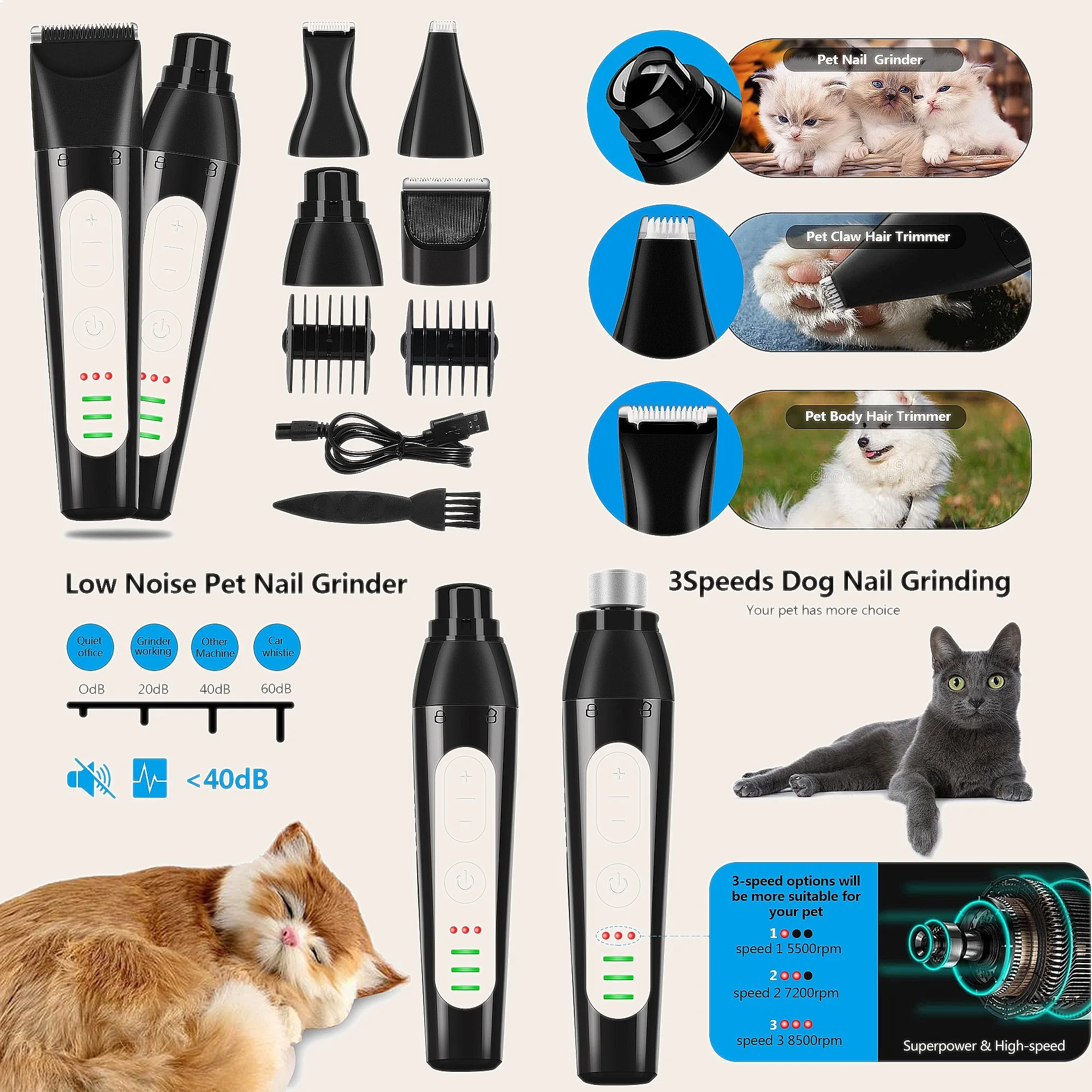 2 in1 Pet Nail Grinder & Clipper Upgraded Electric Rechargeable Trimmer for Small Medium Cats Dogs