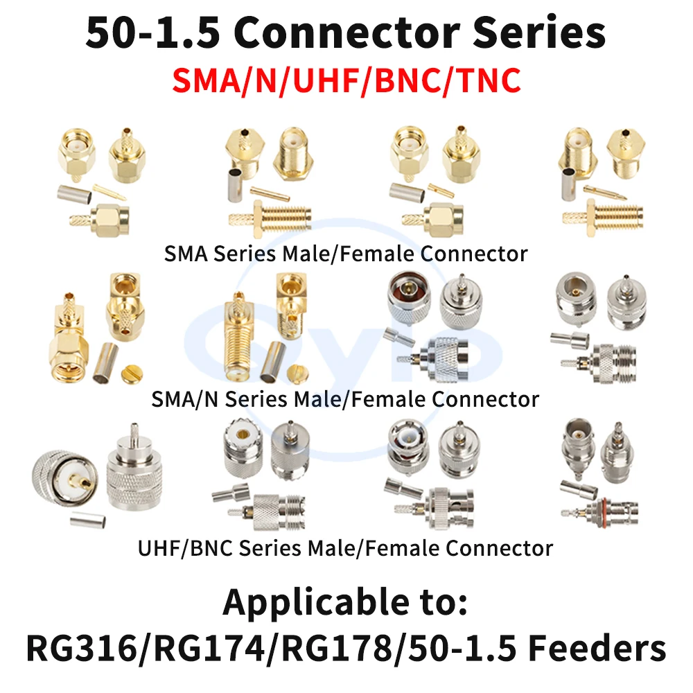 Pure copper SMA RF male and female connectors 50-1.5 adaptors TNC/BNC/UHF/N connectors Crimp-on for RG174 and RG316 cables 1 pcs