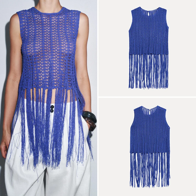 بلوزة نسائية أنيقة محبوكة لصيف 2025 بتفاصيل شراشيب بدون أكمام فضفاضة من البوليستر قطعة واحدة بتصميم أصلي