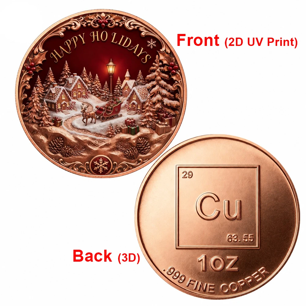 1pc Happy Holidays Christmas 1oz .999 Fine Copper Challenge Coin Winter Snow Town Xmas Commemorative Medal Souvenir Gifts