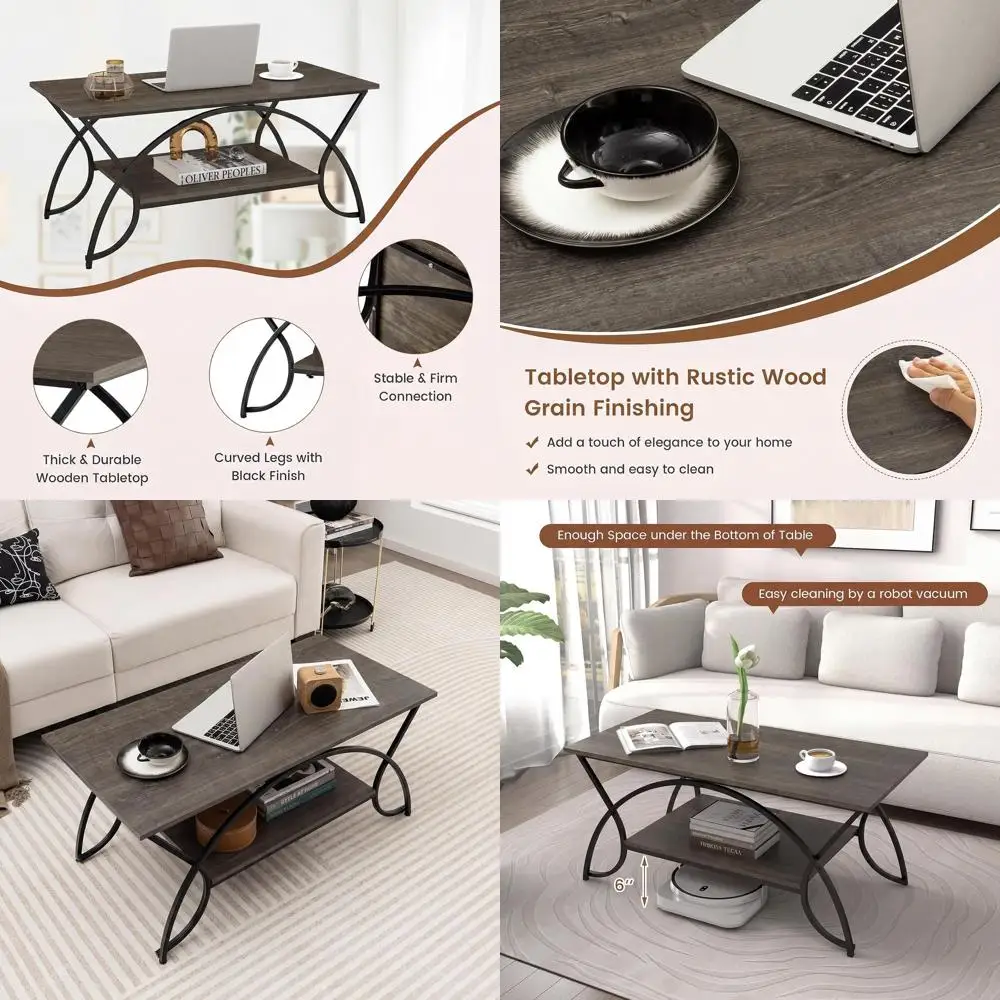 

Индустриальный журнальный столик Grey Oak 39.5 с открытой полкой для хранения вещей для небольших жилых помещений