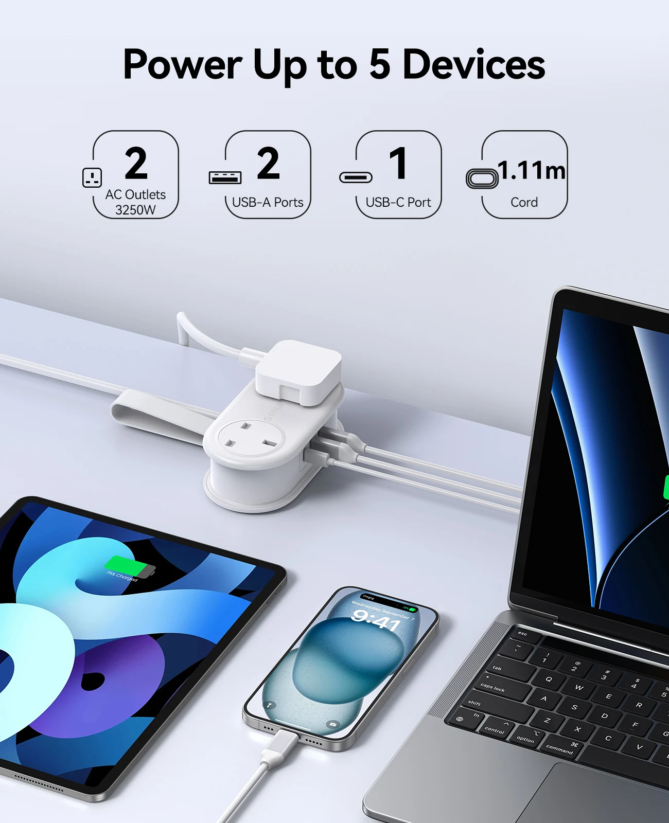 ORICO UK Plug PD 20W Electrical Power Strip with Mult 2 AC Outlets 2 USB Port 1 Type C Port 1.25M Extension Cord Portable Trave