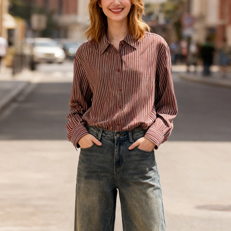 Lockeres, schlankes, gestreiftes Damenhemd mit Umlegekragen, langen Ärmeln, einreihig, elegantes und vielseitiges Alltagsoberteil für Damen