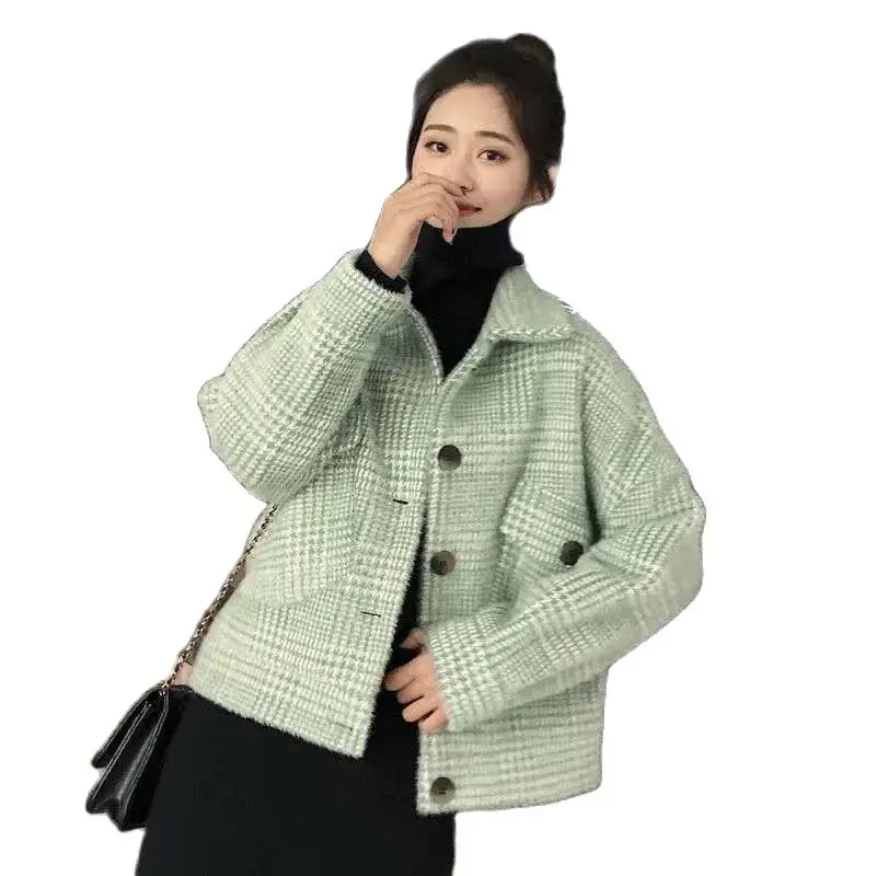 

Autumn Winter 2023 New Mink-Like Woolen Plaid Women's Short Coat Lapels Slim And Loose Versatile Slim Woolen Solid Color Jacket