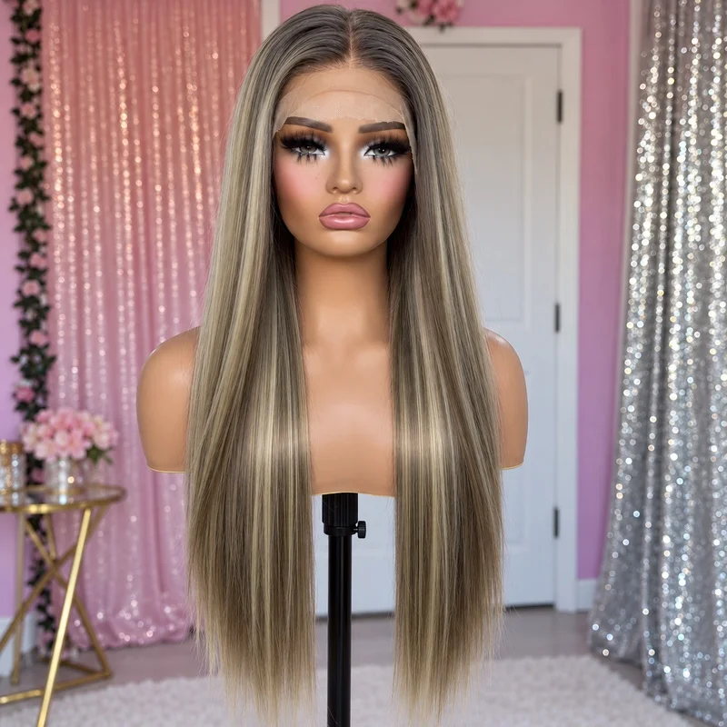 Ombre Ash Brown to Blonde Lace Front Wig for Women Long Straight Middle Part Natural Hairline Full Head Wig Everyday Use