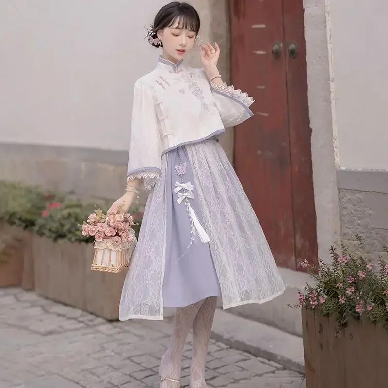 Sweet Purple Stand Collar Lace Sleeves Top Skirt Hanfu Traditional Chinese Clothing for Women  Autumn Improved Modern Tang Suit