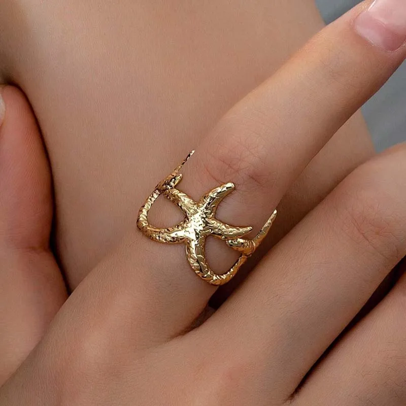 Stainless Steel Starfish Open Rings For Women Men Fashion Gold Color Irregular Textured Starfish Adjustable Ring Jewelry Gift