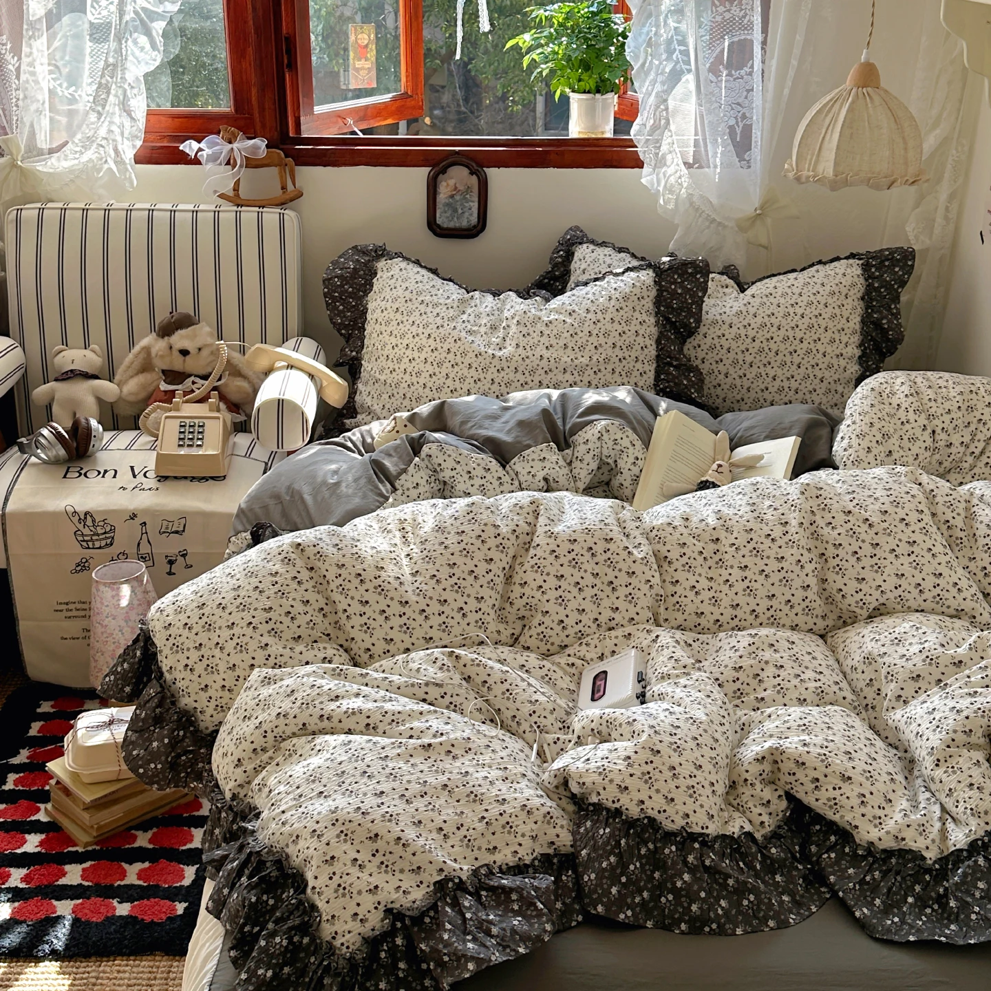 

Ins Princess Bedding Set Vintage French Pastoral Flowers Lace Ruffles Duvet Cover Set Pillowcase For Girls Women Home Bedroom