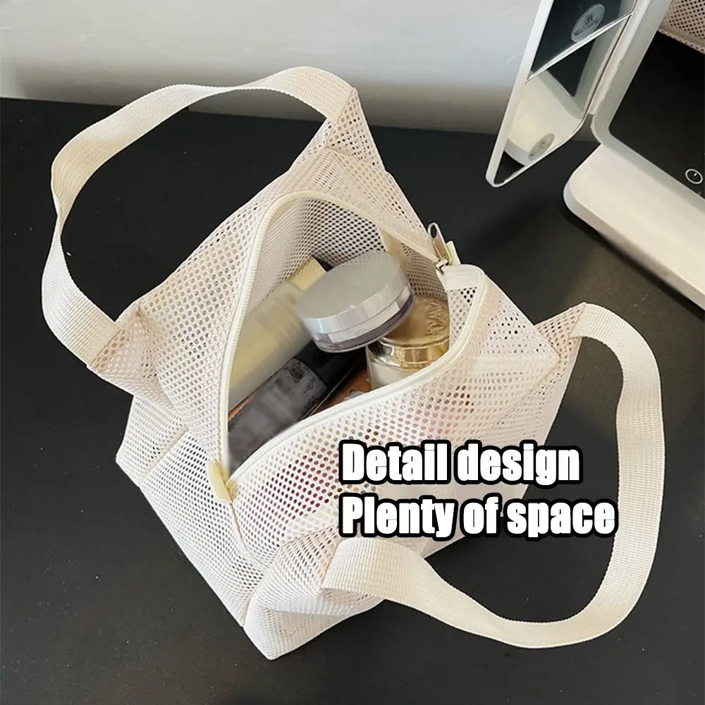 

Casual Mesh Tote Beach Bag with Handle Large Capacity Cosmetic Zipper Pouch Zipper Solid Color Bath Storage Handbag