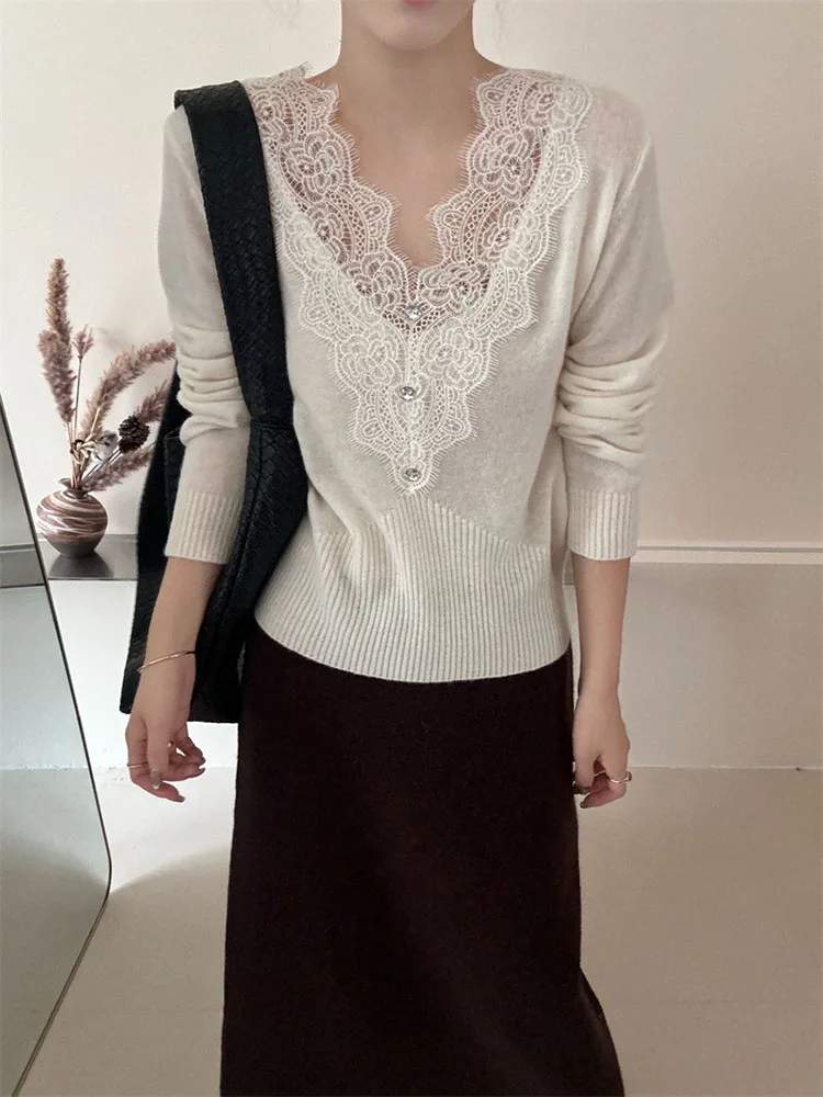 Women's V-neck Lace Sweater Spring Autumn Solid Color Splicing Pullover Tops French Fashion Elegant Female Knitted Top