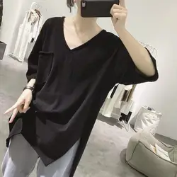 95% Cotton Split T-shirt for Women's Summer Loose Slimming Korean Version Rolled Edge Front Short Back Long Short Sleeved Top