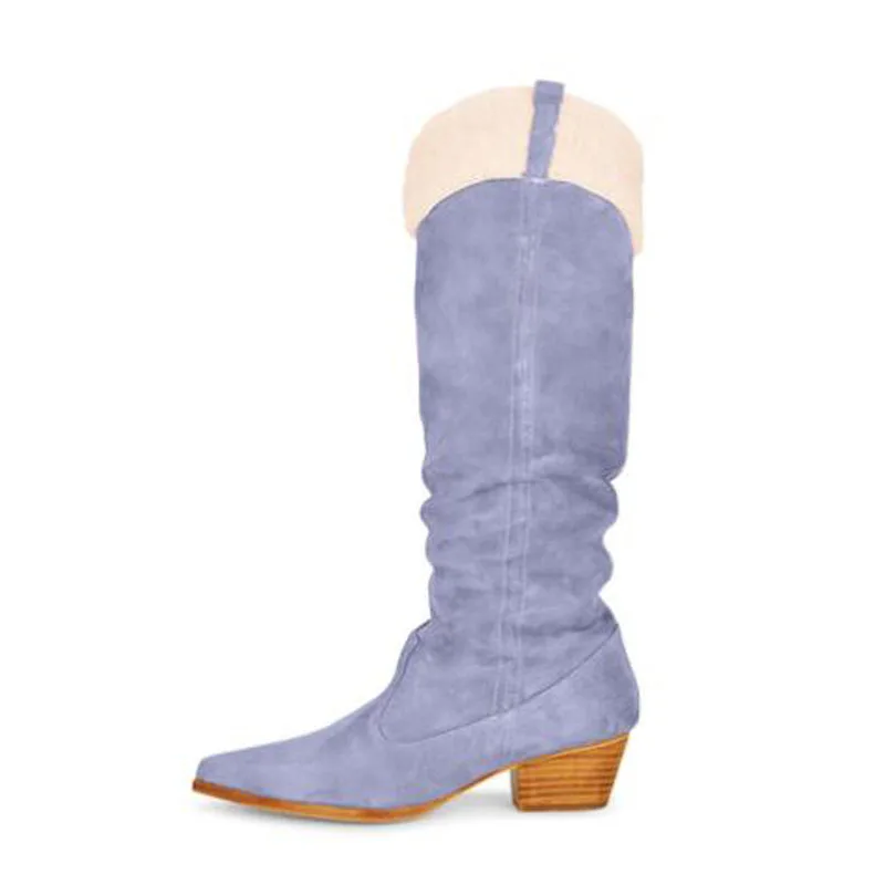 Western Blue Khaki Suede Pointed Toe Med Square Heels Warming Patchwork Knee High Boots Women Tube Slip On Long Knight Boots