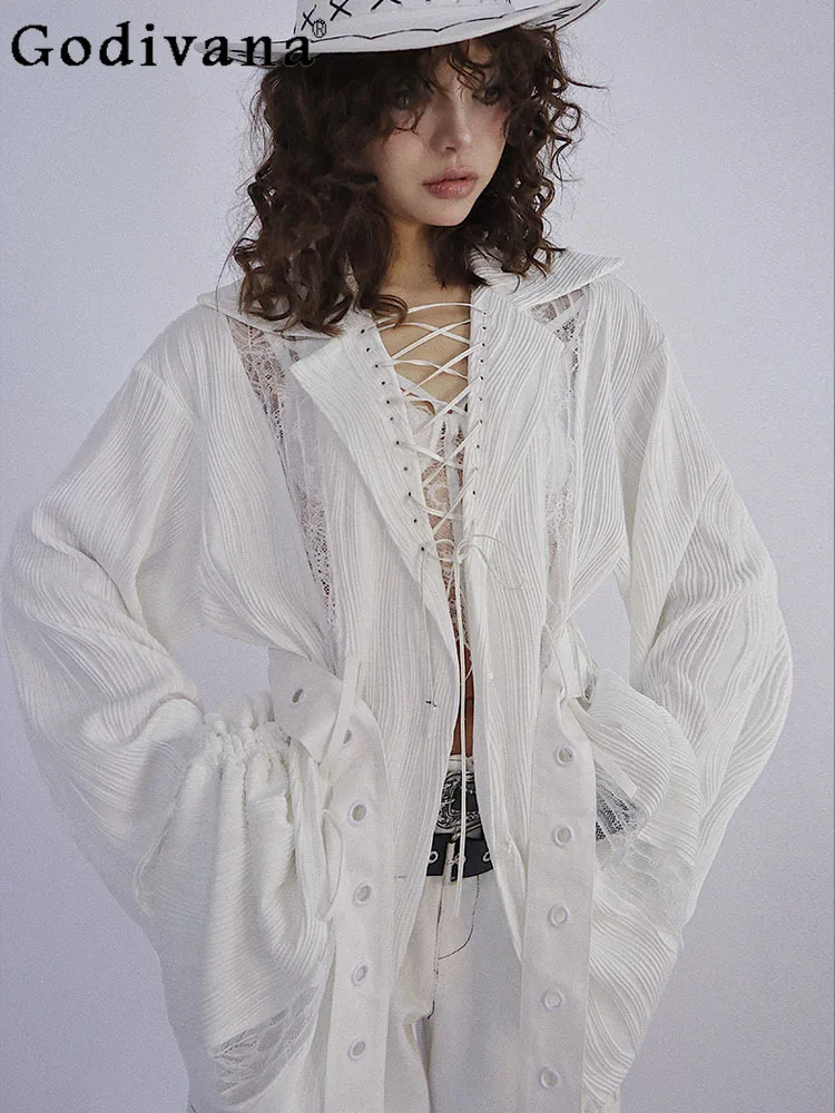 

2025 Spring Autumn New Chic Lace-Up Sexy V-Neck Long Sleeve White Shirt Street Girls Loose Sweet Cool Fashion Versatile Top