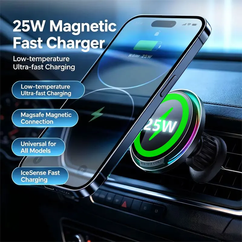 360° Rotate Cooling 25W Magnetic Car Wireless Charger Holder RGB Light Stand For Magsafe iPhone 18 17 Pro Max Samsung S26 Ultra