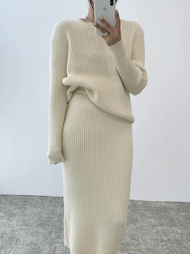 

Chic Autumnal Soft Knitted Long Sve round Ne Sweater And High Waist Slim Fit Bodycon Skirt Set for Young Women