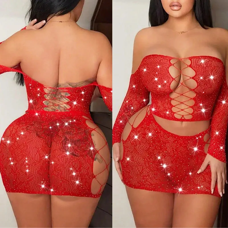 

Hot Sexy Shiny Rhinestone Bodycon Dress Woman Sexy Lingerie Fishnet Bodysuit Erotic Sheer Lace Underwear Fashion Sexy Set